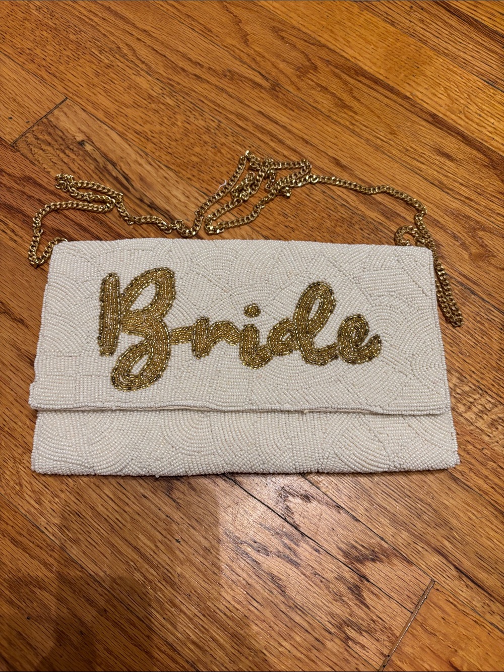 Bride Embellished White Beaded Crossbody Clutch with Gold Script